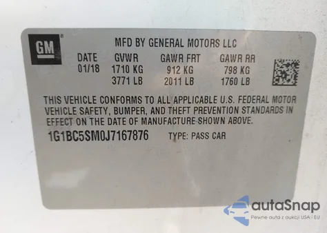2018 Chevrolet Cruze Ls Auto z USA, uszkodzony, nr VIN 1G1BC5SM0J7167876